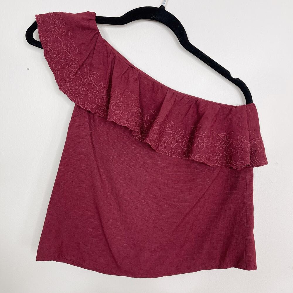 Blue Rain Ruffle Embroidered One Shoulder Tank Top Blouse Burgundy Red XSmall XS